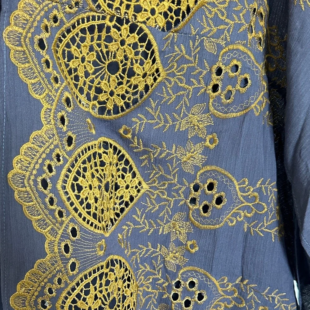 Free People Navy Blue and Gold Embroidered Wrap Scarf